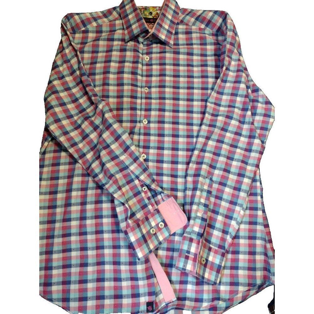 Stone Rose Mens Shirt Blue Pink White Plaid Long Sleeve Button Sz 4 (040)